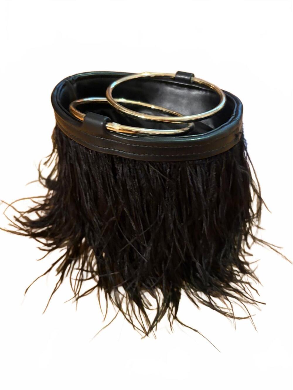 Black Feathered Bucket Bag with Gold Chain and Hoop Handles